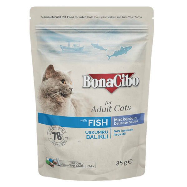 Petcobd Bonacibo Adult Cat Pouch Fish mackerel in Delicate Sauce 85g 600x600 1