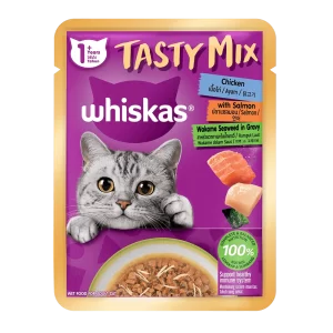 Whiskas Pouch Tasty Mix Gravy Chicken, Salmon & Wakame Seaweed 70gm