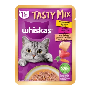 Whiskas Pouch Tasty Mix Gravy Chicken Tuna Carrots Cat Food 70gm