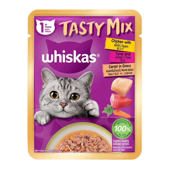 Whiskas Pouch Tasty Mix Gravy Chicken Tuna Carrots Cat Food 70gm