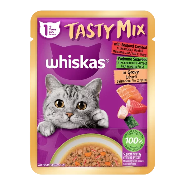 Whiskas Pouch Tasty Mix Gravy Seafood Cocktail in Wakame Seaweed Sauce 70gm