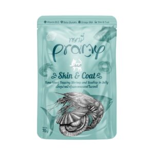 Pramy Cat Pouch Skin & Coat Tuna Meat Topping Shrimp And Scallop In Jelly 70gm